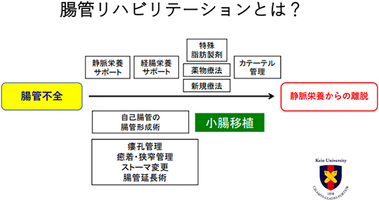 腸管機能リハビリテーションの流れを示した図。静脈栄養サポート、経腸栄養サポート、特殊脂肪製剤・薬物療法、カテーテル管理、自己腸管を用いた腸管形成術、瘻孔管理・狭窄管理・ストーマ変更・腸管延長術、小腸移植までの段階を示す