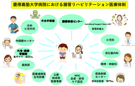 慶應義塾大学病院における腸管機能リハビリテーションの診療体制図。外科・小児外科、中央手術室、臓器移植センター、栄養サポートチーム(NST)・管理栄養士、小児科、消化器内科、精神・神経科、感染制御センター、内視鏡センター、外来・病棟看護師、薬剤部、医療連携室・在宅診療、公費助成医療事務、皮膚・排泄ケア認定看護師などの多職種連携を示す